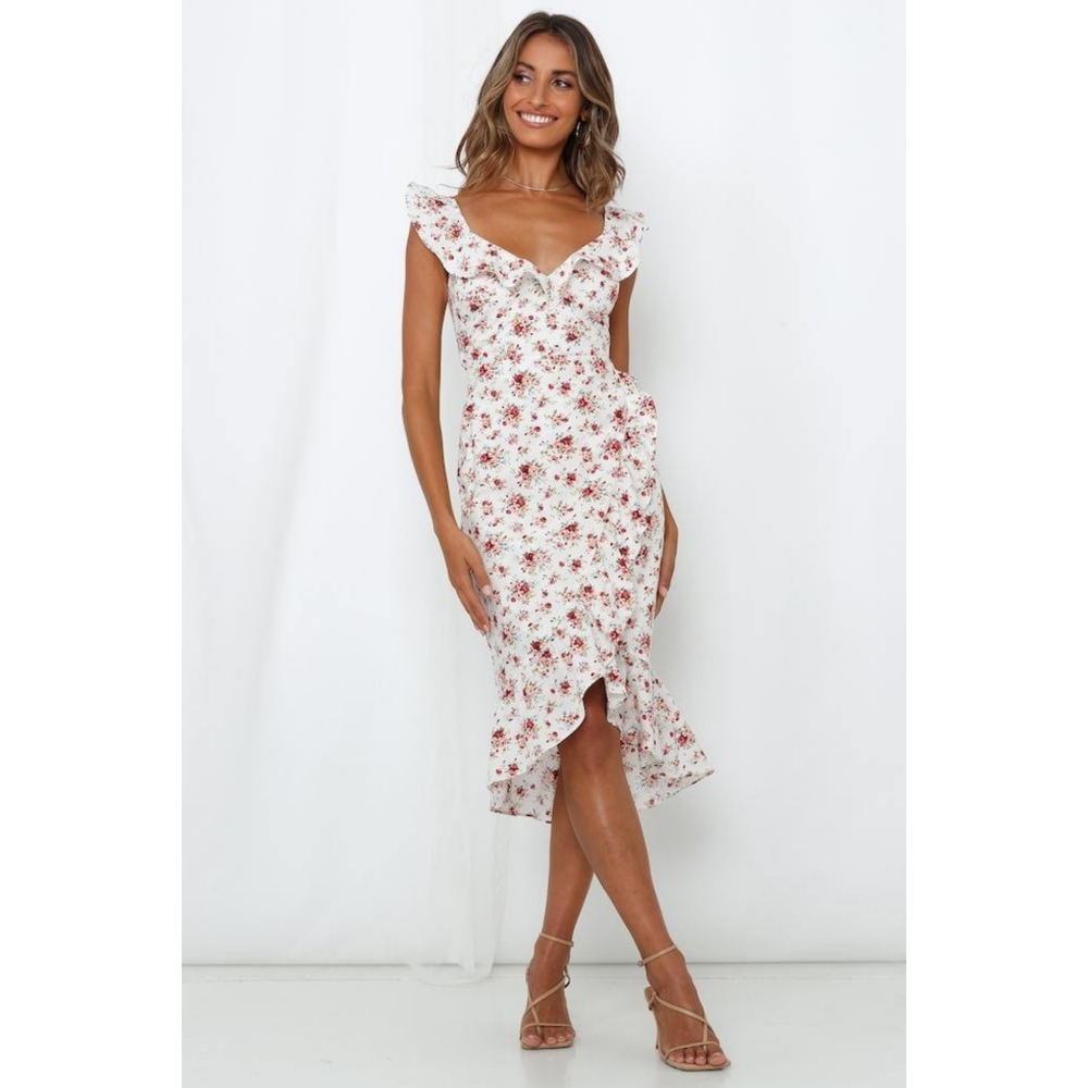🆕 Hello Molly West Coast Represent White Floral Midi Ruffle Dress Large